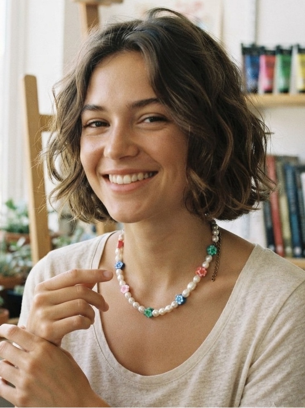 Pearl Bead Necklace with Colorful Flower Accents